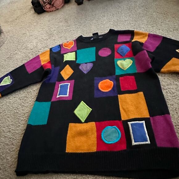 VINTAGE RETRO STYLE MULTI-COLOR PATCHES DESIGN 70’s FUN SWEATER MED - Picture 3 of 12